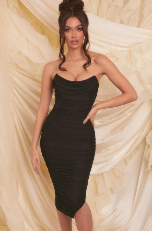 Črna obleka Midi brez naramnic Tita