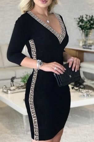 Črna zabavno obleko z V-izrezom in 3/4 rokavi Lana