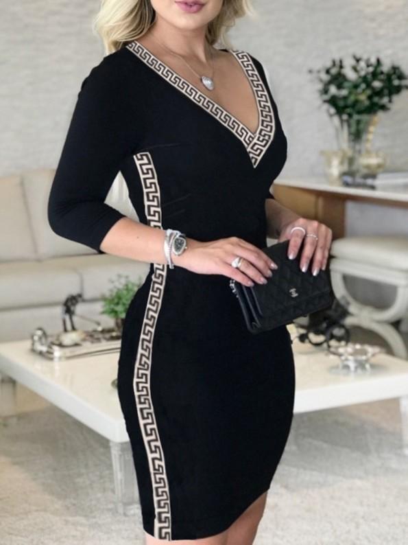 Črna zabavno obleko z V-izrezom in 3/4 rokavi Lana