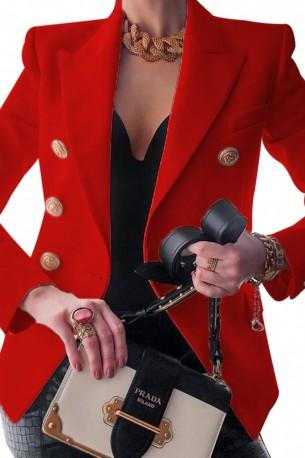 Eleganten rdeči pisarniški sako z okrasnimi gumbi Neli