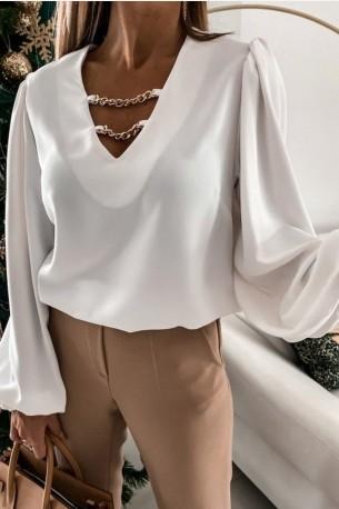 Elegantna bela bluza z dolgimi rokavi in prsno verigico Tea