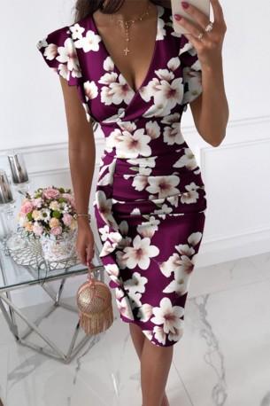 Elegantna cvetno vijolična midi obleka Flora