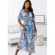 Elegantno cvetno modra zavijanje dolga obleka Sonia