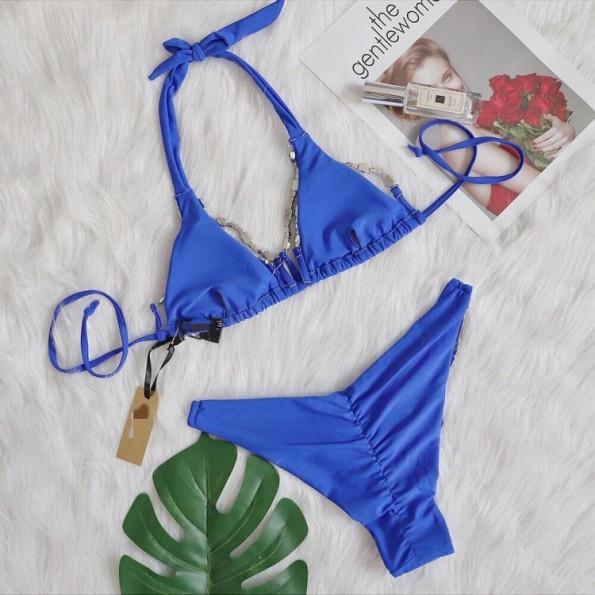 Ženske dvodelne kopalke z modrimi bikini halter diamanti Iris