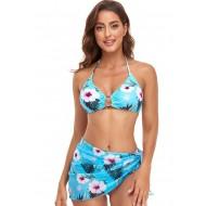 Ženske modre tridelne kopalke s cvetličnim tiskom in s pokrivalom Vanesa