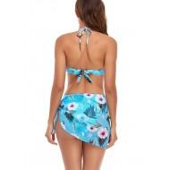 Ženske modre tridelne kopalke s cvetličnim tiskom in s pokrivalom Vanesa