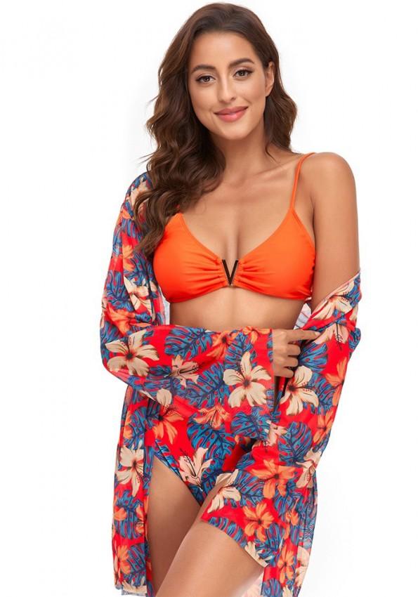 Ženski komplet prekrivnih kopalk z oranžnim trakom in s cvetličnim tiskom Orhidea