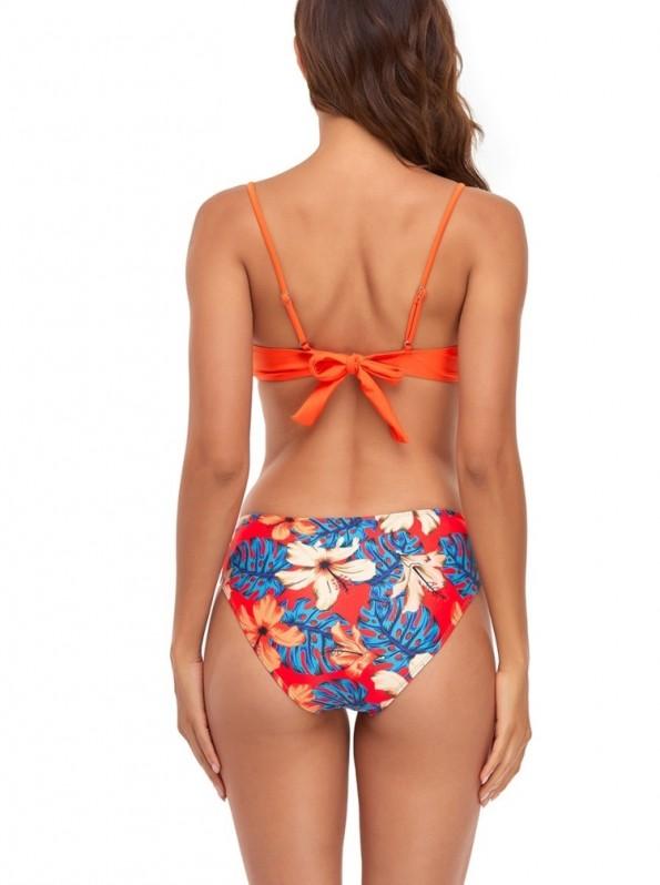 Ženski komplet prekrivnih kopalk z oranžnim trakom in s cvetličnim tiskom Orhidea