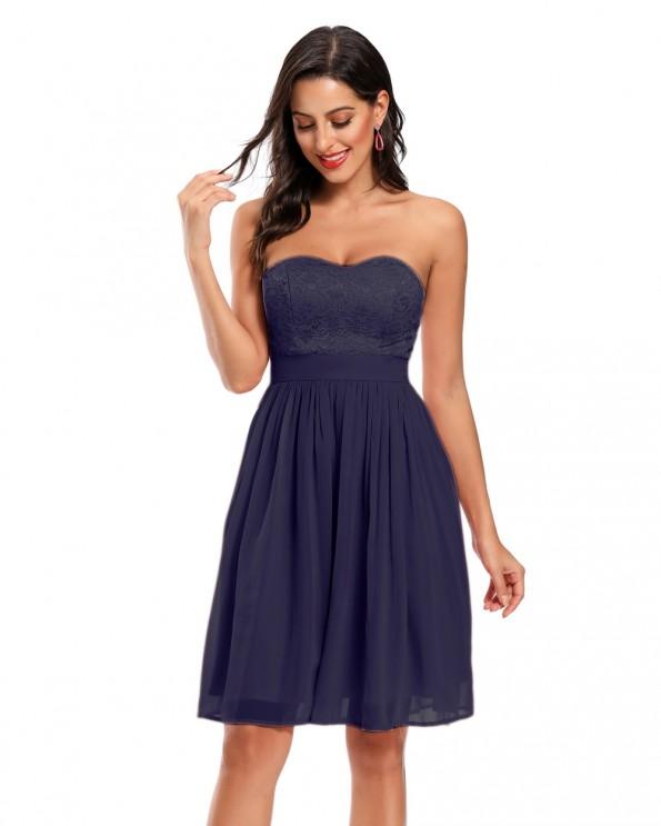 Modra čipkasta obleka brez naramnic Sonya