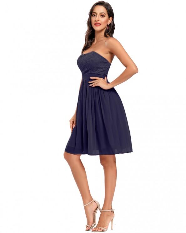 Modra čipkasta obleka brez naramnic Sonya