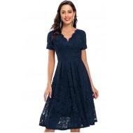 Modra obleka s čipkami in s kratkimi rokavi Belinda