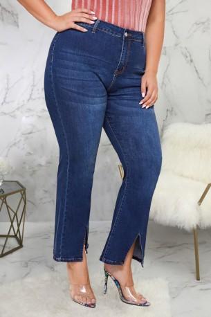 Modre kavbojke z visokim pasom s spodnjim razcepom Katie