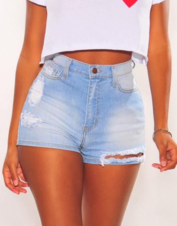 Modre oprane raztrgane jeans kratke hlače z visokim pasom Monica