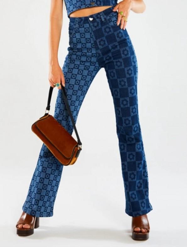 Modre  široke kavbojke z visokim pasom in kockastim tiskom Victoria