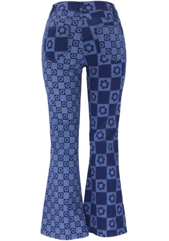 Modre  široke kavbojke z visokim pasom in kockastim tiskom Victoria