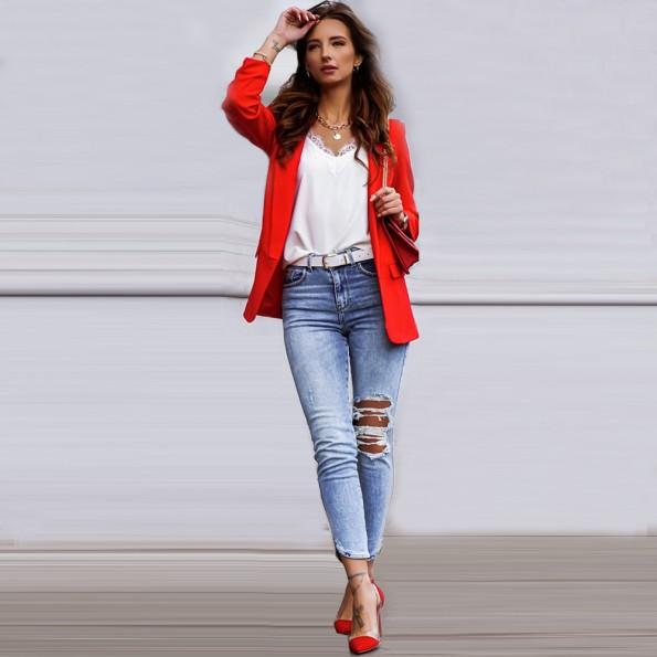 Pisarniški rdeči elegantni jopič z dolgimi rokavi in z zlatimi gumbi Ida