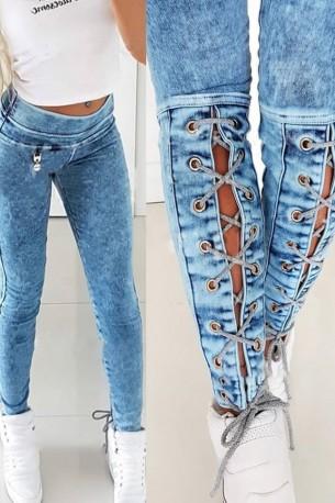 Plave hlače z visokim pasom in stegenskimi vezalkami Suzy