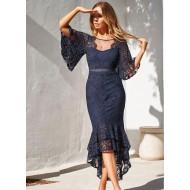Priložnostna čipkasta modra elegantna obleka Edith