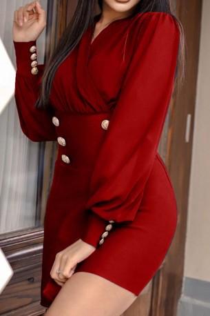 Rdeča elegantna mini obleka z dolgimi rokavi in zlatimi gumbi Pipa