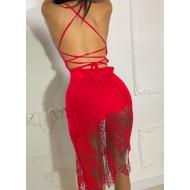 Rdeča poletna obleka s seksi čipkastim pasom Summer