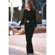 Črn top z dolgimi rokavi z okroglim izrezom in ohlapne hlače Alina