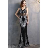 Črna  večerna obleka v obliki morske deklice z V-izrezom z bleščicami Sea
