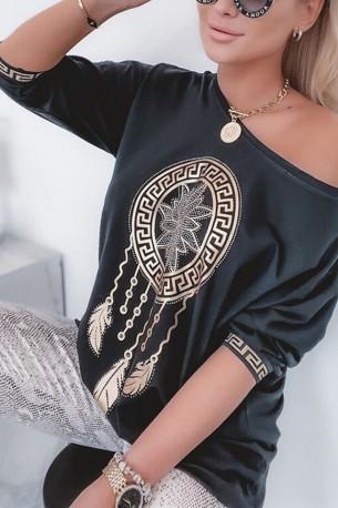 Črna majica z okroglim izrezom in z dolgimi rokavi z retro tiskom Versai