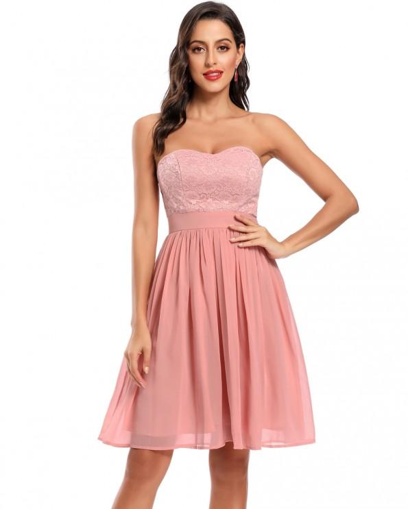 Roza čipkasta obleka brez naramnic Sana