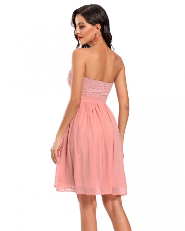 Roza čipkasta obleka brez naramnic Sana