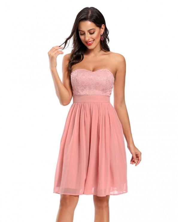 Roza čipkasta obleka brez naramnic Sana