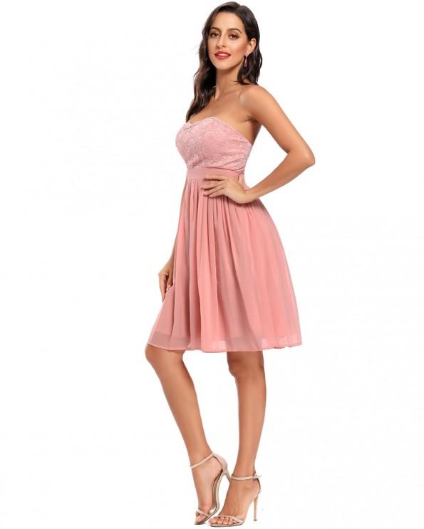 Roza čipkasta obleka brez naramnic Sana