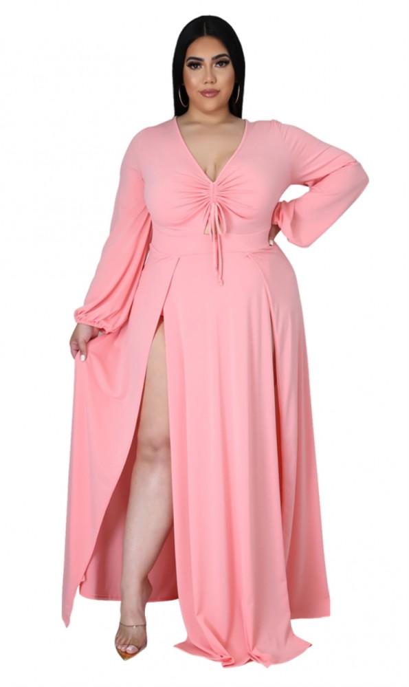 Roza dolga obleka z dolgimi rokavi na izrez Rosaline