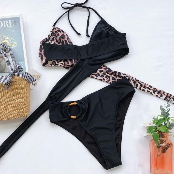 Seksi dvodelne kontrastne kopalke z obročki Leopard Olly