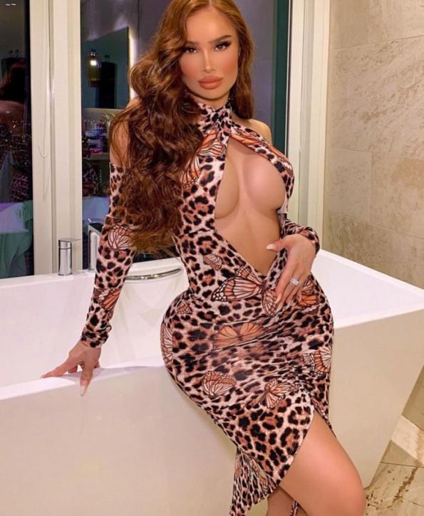 Seksi leopardska obleka z dolgimi rokavi in ​​čipko Amie
