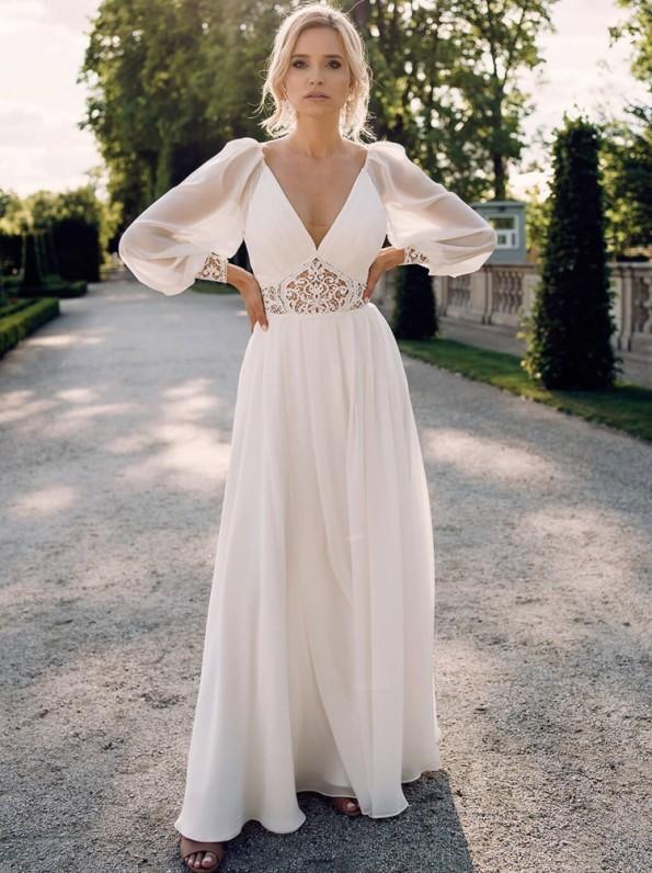 Seksi poročna obleka z v-izrezom z rokavi Kelsey