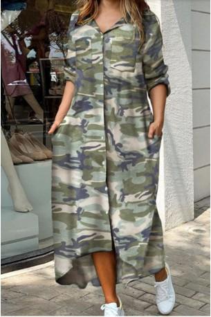 Srajčna dolga obleka s camo zelenim tiskom Isabella