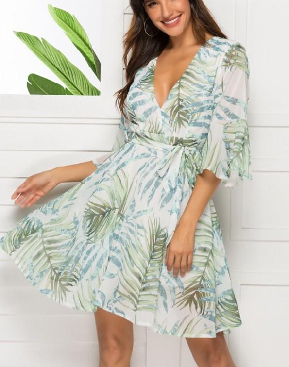 Svetla obleka z ovitkom s širokimi rokavi Evya