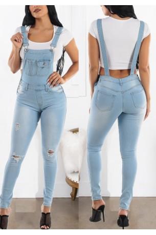 svetlo modre raztrgane denim hlače z naramnicami Iris