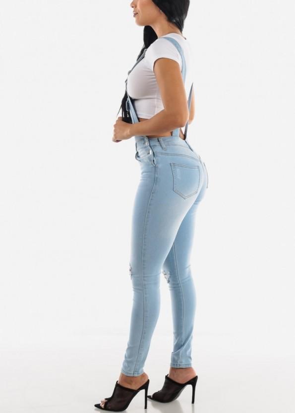 svetlo modre raztrgane denim hlače z naramnicami Iris