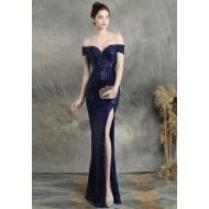 Večerna modra obleka z bleščicami in s spodnjim izrezom Rina