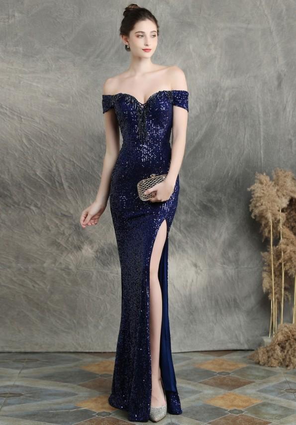 Večerna modra obleka z bleščicami in s spodnjim izrezom Rina
