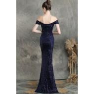 Večerna modra obleka z bleščicami in s spodnjim izrezom Rina