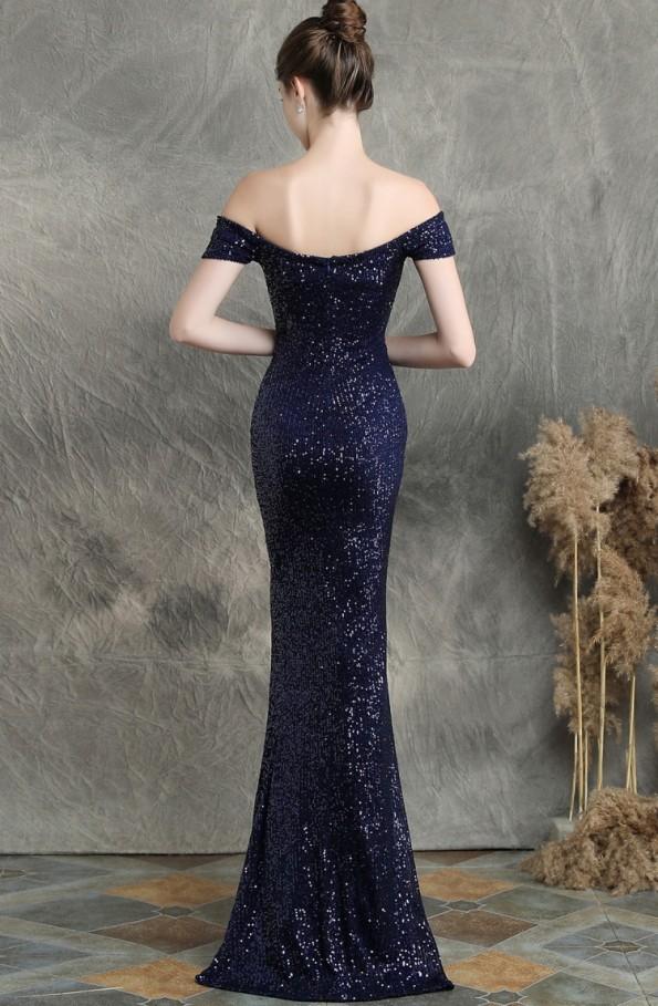 Večerna modra obleka z bleščicami in s spodnjim izrezom Rina