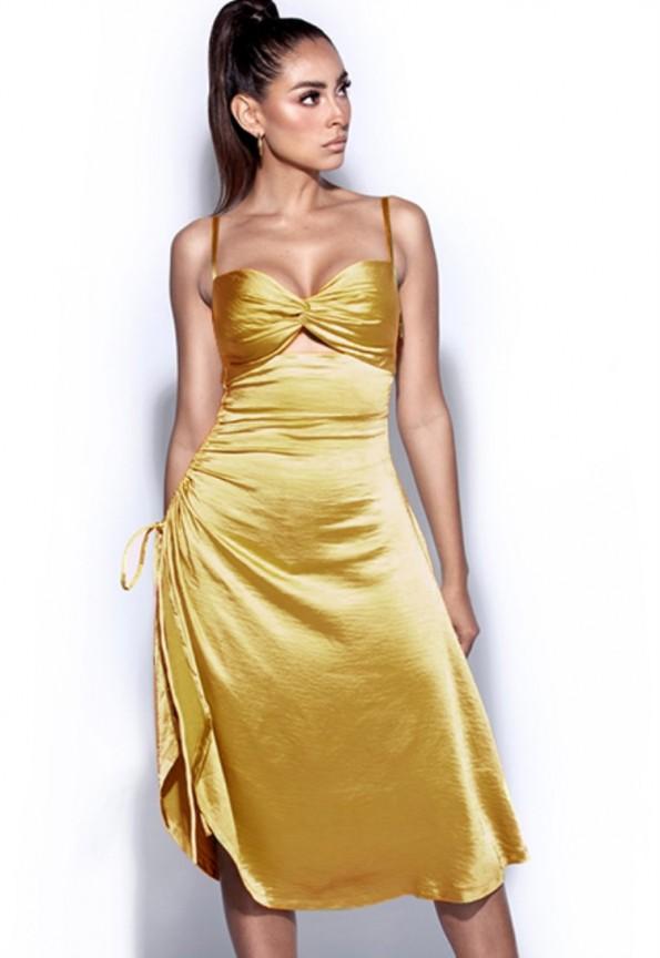 Zlata svečana rumena ruched struna dolga obleka Frona